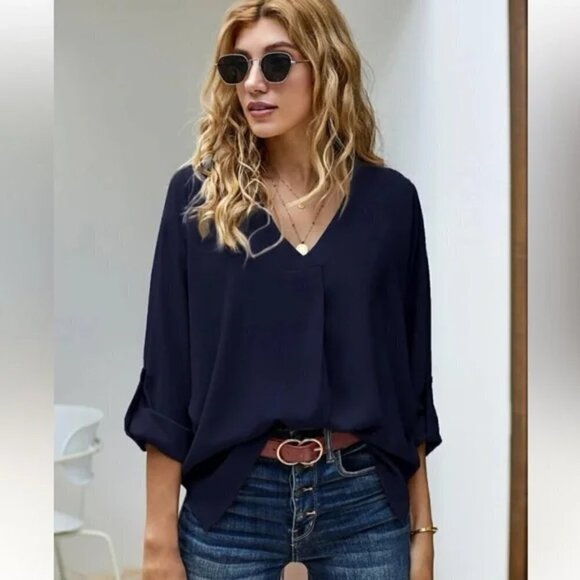 Mandee black V neck semi-sheer roll-up sleeve blouse Size Small - Picture 3 of 8